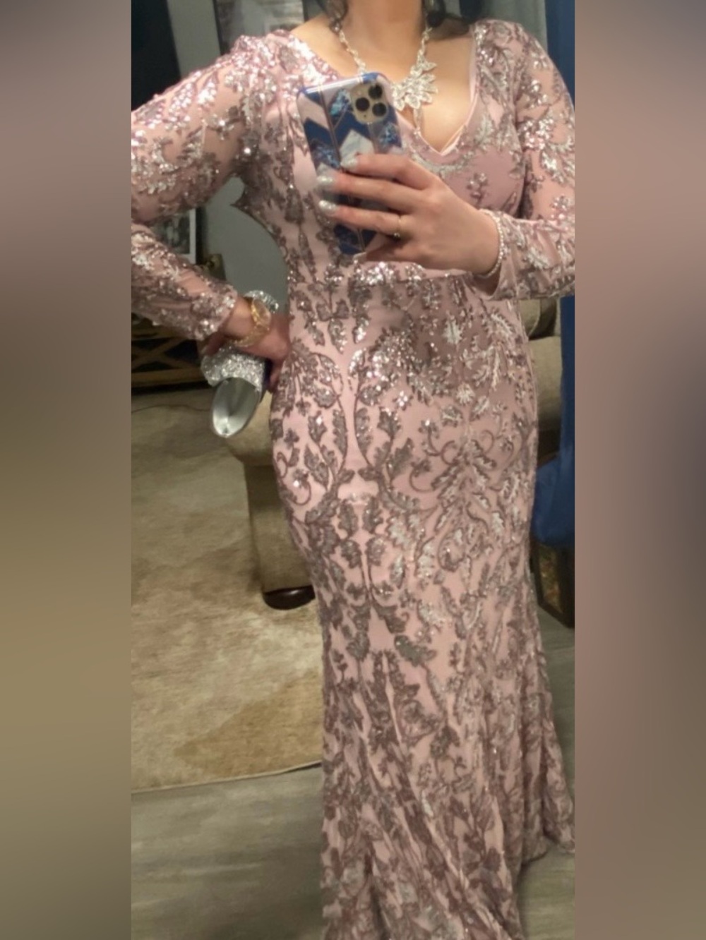 Adrianna Papell Blush Pink Long-Sleeve Sequin Gown